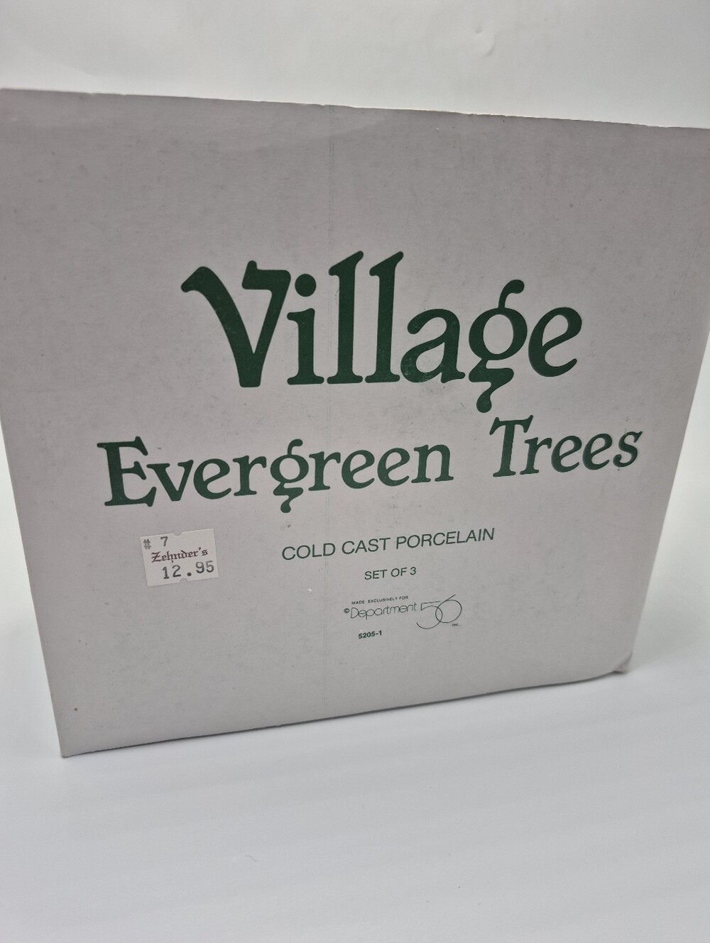 Department 56 box of three evergreen. Trees stoneware